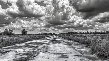 Concrete road leading to horizon under dramatic cloudy sky