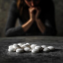 A woman appears blurred with her hands together in front of her face, in a pose of prayer or anguish, while many white pills lie in sharp focus in the foreground.