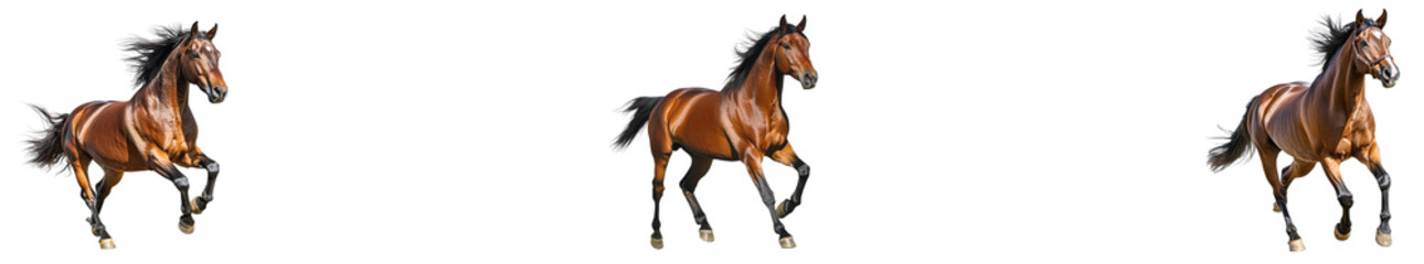Obraz premium Three chestnut horses galloping, rearing, isolated, cut out transparent
