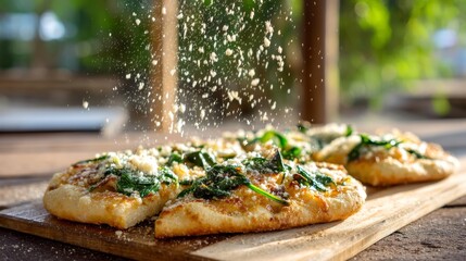 Golden crust pizza with melted cheese and fresh spinach topped with grated parmesan cascades as warm sunlight fills the rustic kitchen
