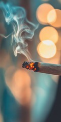 Lit cigarette in close-up with glowing embers, swirling smoke, and a blurred warm bokeh background. A conceptual and cinematic-style image.
