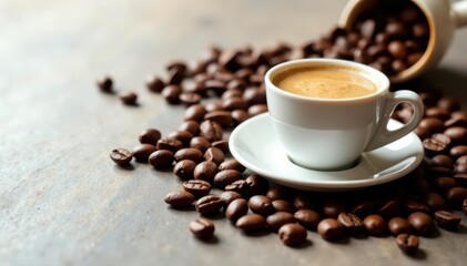 Fototapeta premium Neatly arranged coffee cups & roasted beans ready for tasting , order, specialty coffee