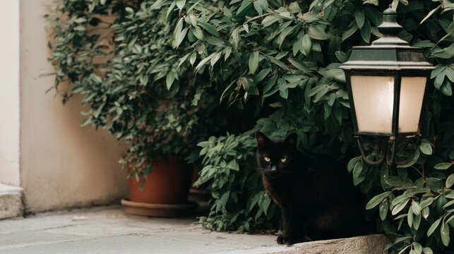 A sleek black cat sits under a softly glowing streetlamp, eyes fixed on an unseen target, surrounded by dense foliage in a quiet evening setting