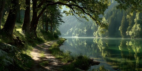 Fototapeta premium Sunlit path winds along a calm lake, surrounded by lush green forest with sunlight filtering through leaves, creating reflections on the water. 