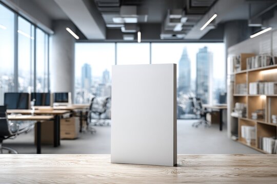 Blank white book cover standing on a wooden desk with city view background, ideal for mockup presentation in modern office with bookshelf and computer setups