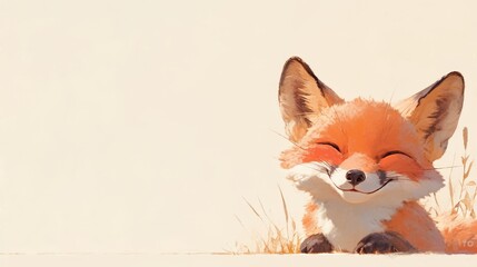 Obraz premium Smiling fox with fluffy fur sits amid tall grass on an off-white background