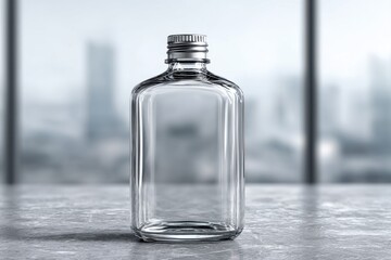 A sleek, modern glass bottle with a metallic cap, set against a blurred cityscape, highlighting minimalist design and urban sophistication in a studio setting.