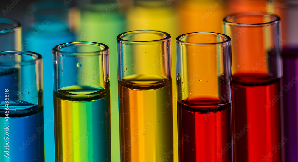Poster close up glass test tubes displaying an array of liquids with vibrant colors under bright lighting i