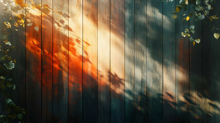 Sunlight filtering through foliage onto a weathered wooden wall.