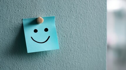A pastel blue sticky note features a simple smiley face, pinned to a textured wall, providing a touch of optimism and cheer in a softly lit space