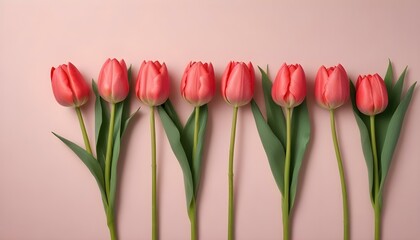 Fototapeta premium A row of stunning pink tulips with green leaves displayed on a soft pink background.