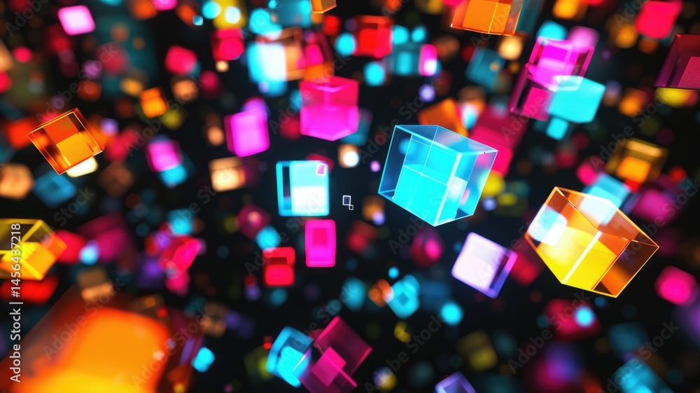 Poster abstract seamless and energetic of mixed digital style cube object shining colorful neon light in bl