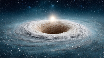Fototapeta premium Stunning cosmic scene depicts black hole surrounded by swirling cosmic dust and intense light emanating from its center, evoking sense of wonder and mystery in universe