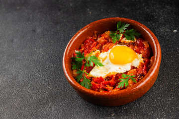Fried egg tomatoes shakshuka vegetable dish appetizer fresh delicious gourmet food background on the table rustic food top view copy space vegetarian  food