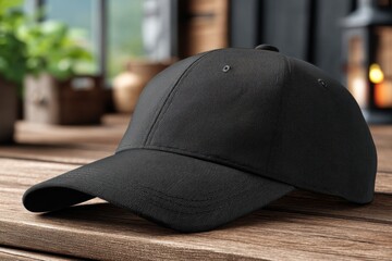 Close-up studio shot of a simple black baseball cap resting on a wooden table, creating a minimalist and versatile image with a blurred background for a modern appeal.