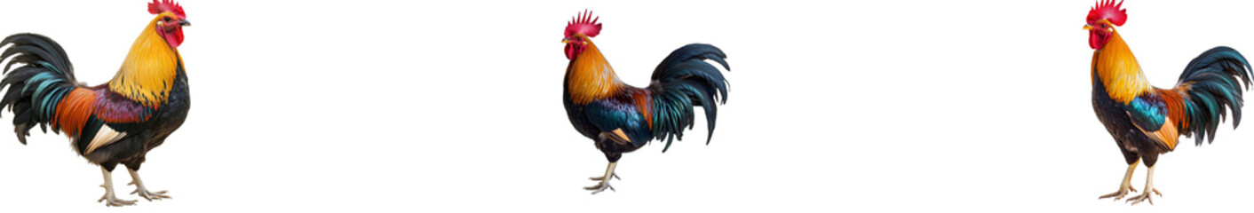 Fototapeta premium Three roosters in varying stances, farm animal, poultry, cut out transparent