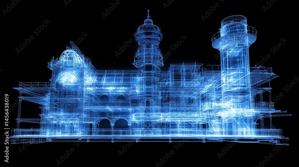 Poster digital blueprint visualization futuristic architectural design