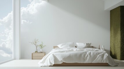 Minimalist Bedroom with Natural Light and Green Accent Wall bedroom minimalist green light wall bed
