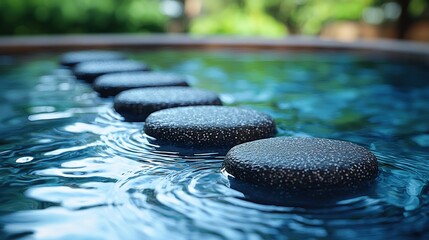 Dark stones placed in a pool of blue water, creating a tranquil scene that promotes peace and relaxation