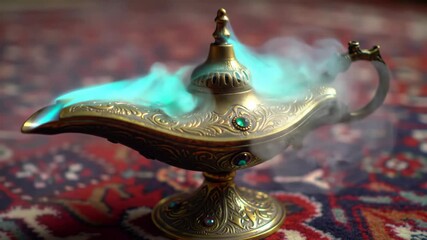 An ornate brass magic lamp rests on a patterned carpet, emitting mystical blue smoke. Ideal for storytelling, fantasy, or wish-fulfillment concepts. Unseen power within. 4k 60 fps.