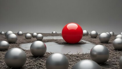 A solitary red sphere glows amidst a collection of reflective silver spheres, highlighting focus.