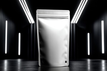 An elegant mockup of a white stand-up pouch against a sleek, modern backdrop with neon lights, creating a professional and clean presentation for product marketing.