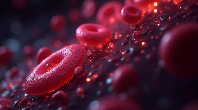 Microphotography close-up of blood platelet activation, clotting process visualized with glowing elements in a dark fluid background