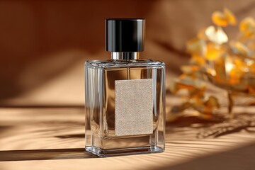 Elegant perfume bottle with black cap and textured label, bathed in warm, inviting light against a neutral backdrop adorned with decorative golden accents.