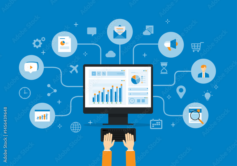 Poster hands working on a computer and design concept for digital business and data integration and modern business management. marketing and e-commerce. data analysis scheduling planning 
