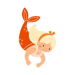 Cute little mermaid with blonde hair and red tail swimming underwater. Vector illustration 