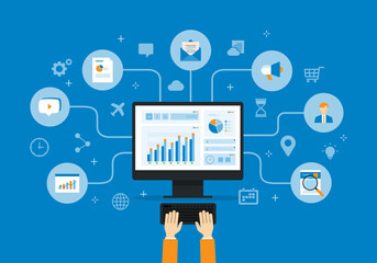 hands working on a computer and design concept for digital business and data integration and modern business management. marketing and e-commerce. data analysis scheduling planning 
