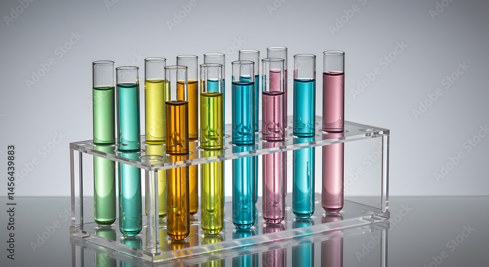 Poster close up of test tubes with multi colored liquids in clear rack and side lighting style at laborator
