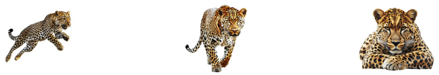 Obraz premium Three wild leopards in different poses, cut out transparent