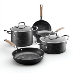 Elegant Black Marble Cookware Set with Wooden Handles Including Frying Pan, Saucepan, Stockpot, and Casserole for Modern Kitchens