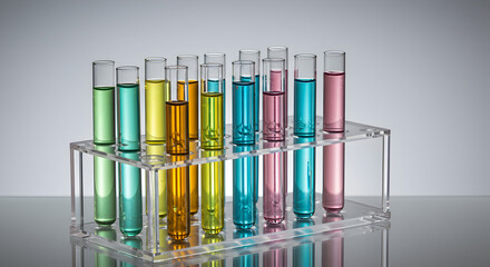 Close Up of Test Tubes with Multi Colored Liquids in Clear Rack and Side Lighting Style at Laboratory