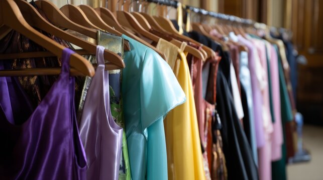 An array of elegantly designed dresses in various hues and intricate patterns hang neatly on wooden racks inside a boutique with soft lighting, emphasizing quality