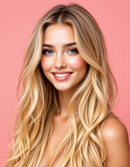 Naklejka premium smiling young woman with blonde long groomed hair isolated on pastel flat background with copy space