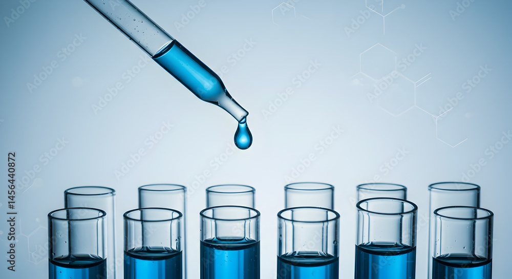 Poster close up pipette dropping blue liquid into test tubes for science and research with molecular struct