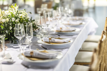 A wedding table covered with a white tablecloth, decorated with flowers, candles, glasses and cutlery