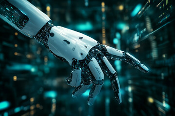 Robotic hand reaching digital interface futuristic technology
