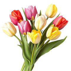 Obraz premium A colorful bouquet of tulips, showcasing a variety of hues and fresh green leaves. The vibrant petals are fully bloomed, creating an eye-catching display.