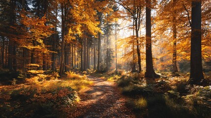 Obraz premium Sunlight streams through golden autumn forest path