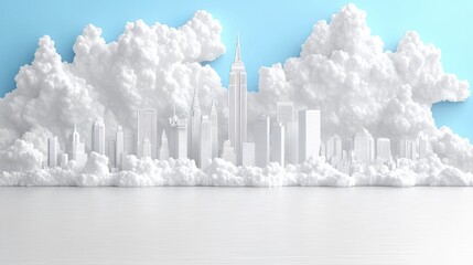 Fototapeta premium Dreamy metropolis skyline emerging from fluffy clouds a conceptu