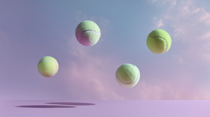 Tennis balls float in mid-air at varying heights, set against a soft blue gradient, creating a whimsical and energetic atmosphere that invites playfulness