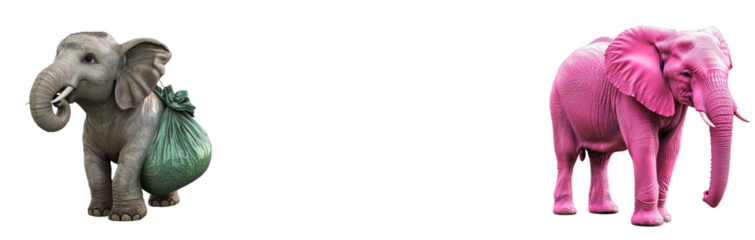 Elephant with bag, pink elephant, isolated on black, cut out transparent