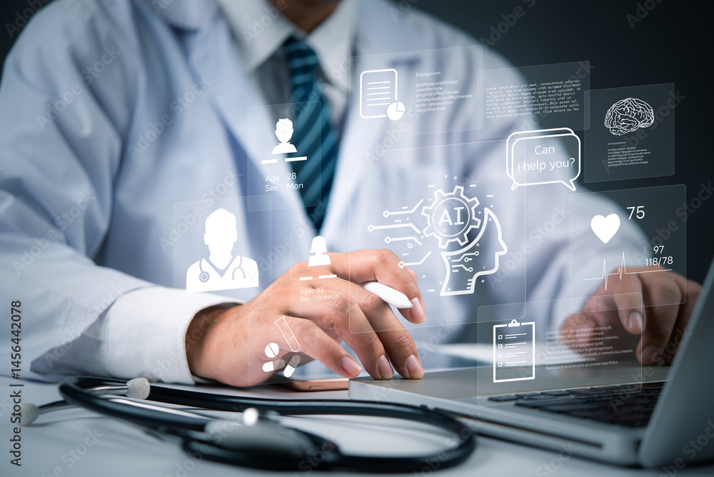 Poster health professional interacting with ai interface on digital tablet for patient data analysis. best 