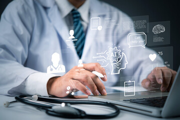 Health professional interacting with AI interface on digital tablet for patient data analysis. Best...