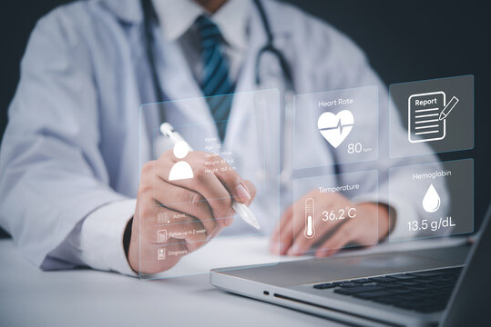 Doctor using digital health records with holographic interface, tracking patient heart rate, temperature, and hemoglobin levels for advanced medical care and diagnostics.