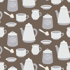 pattern with cooking utensils for tea drinking. Porcelain teapot, mug, saucer, sugar bowl, cream container. The dishes are varied. Retro-style cutlery for liquids. Texture color illustration in gray