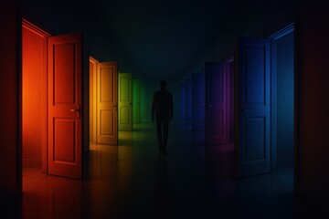 Man facing multiple colorful open doors, metaphor for life decisions and opportunities